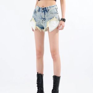 Y2K Grunge Tasseled Denim Shorts for Aesthetic Coquette Style