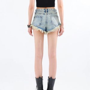 Y2K Grunge Tasseled Denim Shorts for Aesthetic Coquette Style