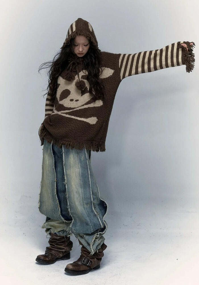 Y2K Grunge Tasseled Hooded Sweater - Aesthetic Coquette Style