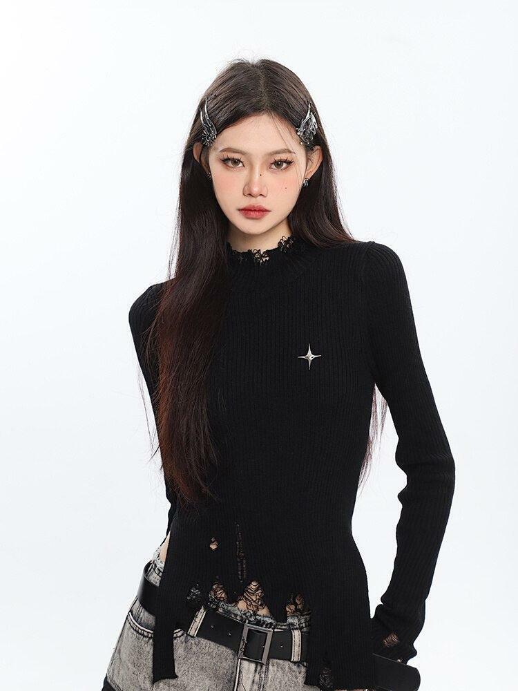 Y2K Grunge Turtleneck Distressed Sweater for Aesthetic Coquette Style