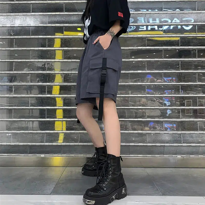 Y2K Grunge Wide Leg Cargo Shorts - Aesthetic Streetwear Essential