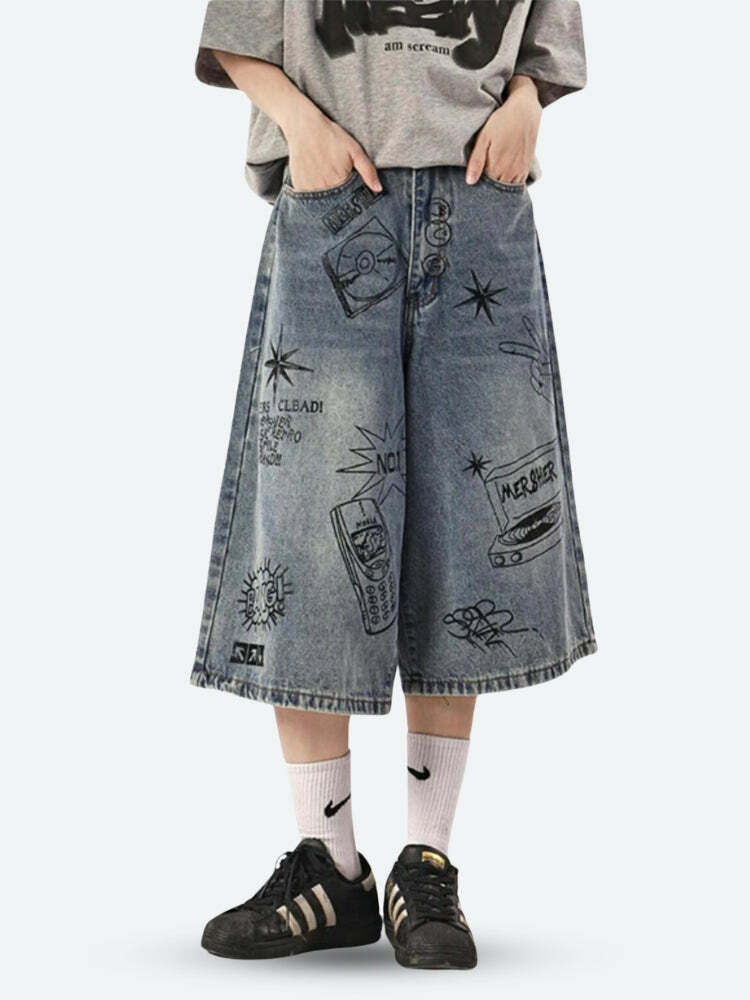 Y2K Grunge Wide Leg Denim Shorts - Aesthetic Vintage Style Essential