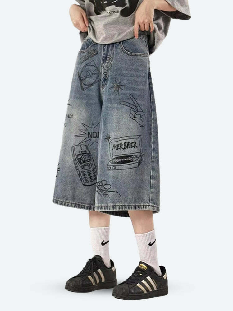 Y2K Grunge Wide Leg Denim Shorts - Aesthetic Vintage Style Essential