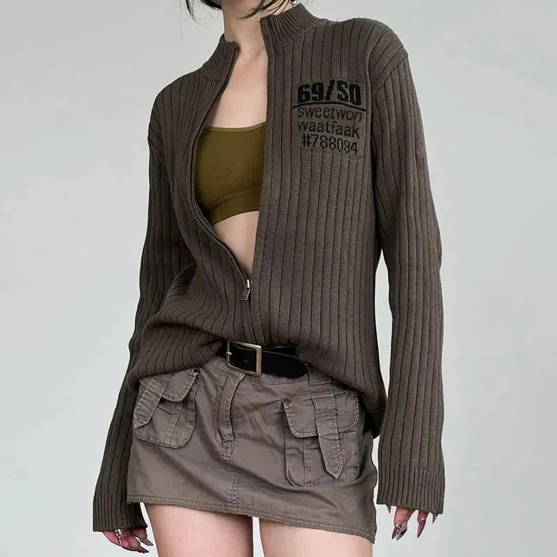 Y2K Grunge Zip-Up Cardigan Jacket for Aesthetic Coquette Style