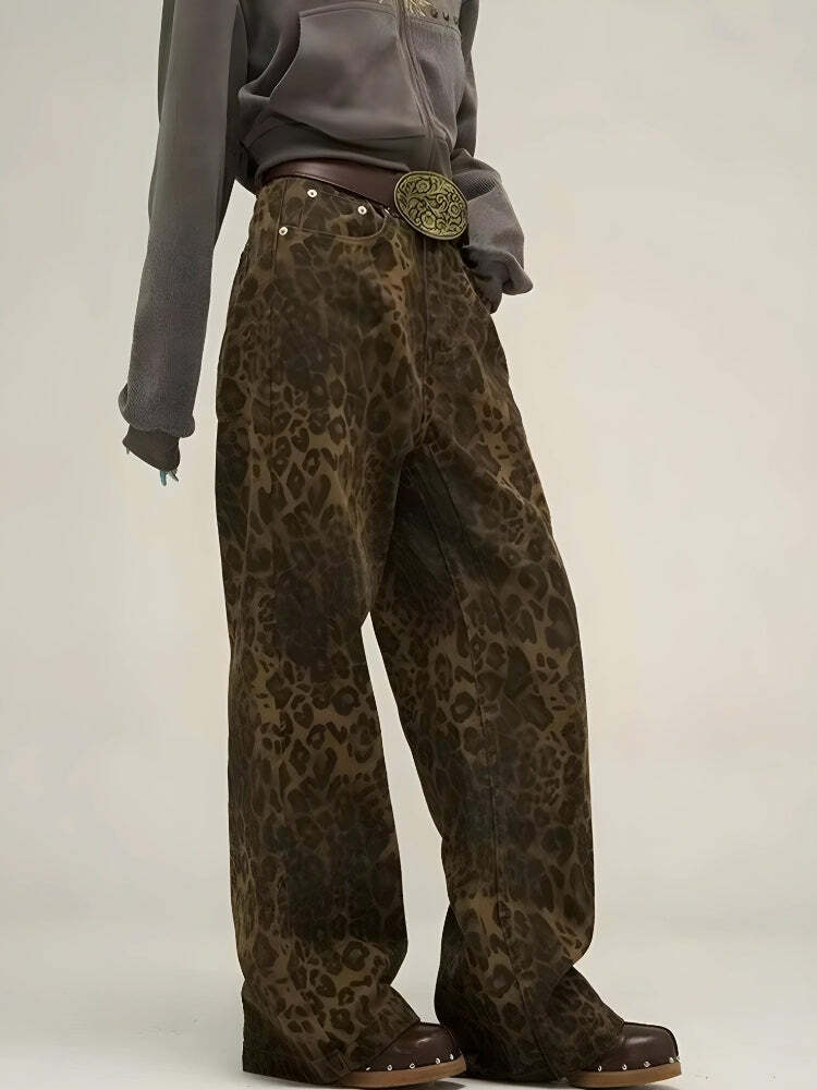 Y2K Leopard Print Straight Leg Pants - Trendy Aesthetic Fashion Statement