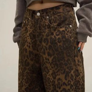 Y2K Leopard Print Straight Leg Pants - Trendy Aesthetic Fashion Statement