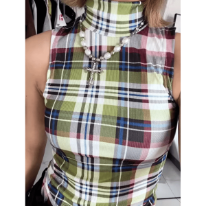 Y2K Plaid Aesthetic Tank Top with Front Clasp Buckles & Ruffle Skirt