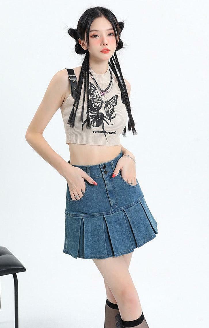 Y2K Pleated Denim Mini Skort - Aesthetic Coquette Style for Trendy Looks