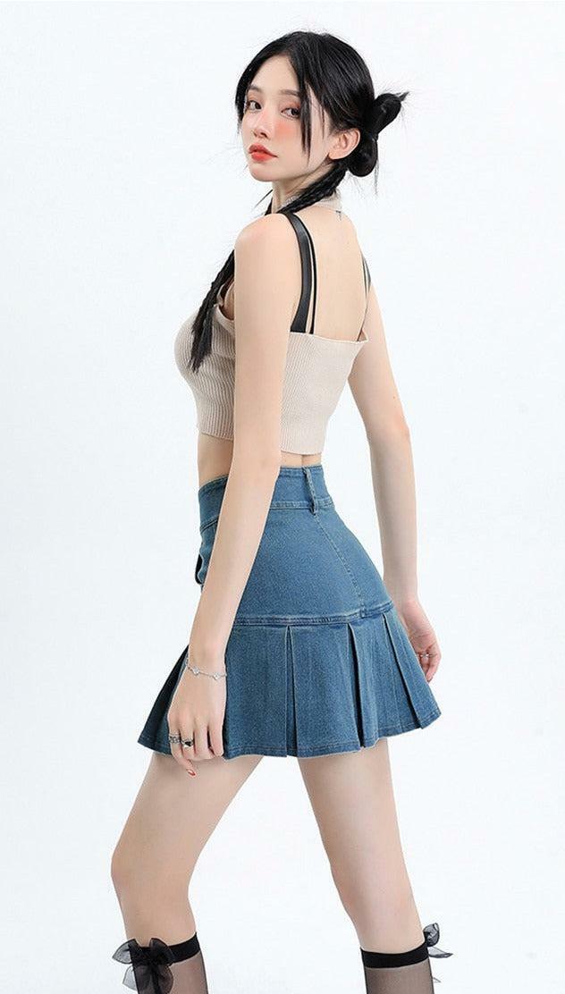 Y2K Pleated Denim Mini Skort - Aesthetic Coquette Style for Trendy Looks