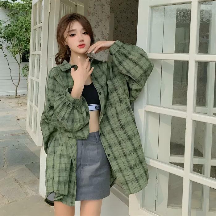 Y2K Puff Sleeved Plaid Shirt - Aesthetic Coquette Style for Trendy Looks