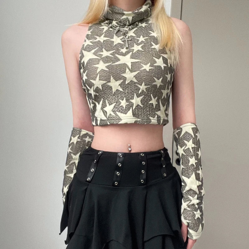 Y2K Star Embroidered Crop Top for Aesthetic Coquette Style