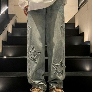 Y2K Star Embroidered Jeans: Aesthetic Grunge Style for Trendy Looks