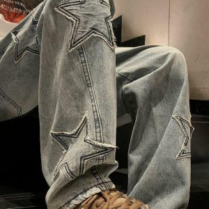 Y2K Star Embroidered Jeans: Aesthetic Grunge Style for Trendy Looks