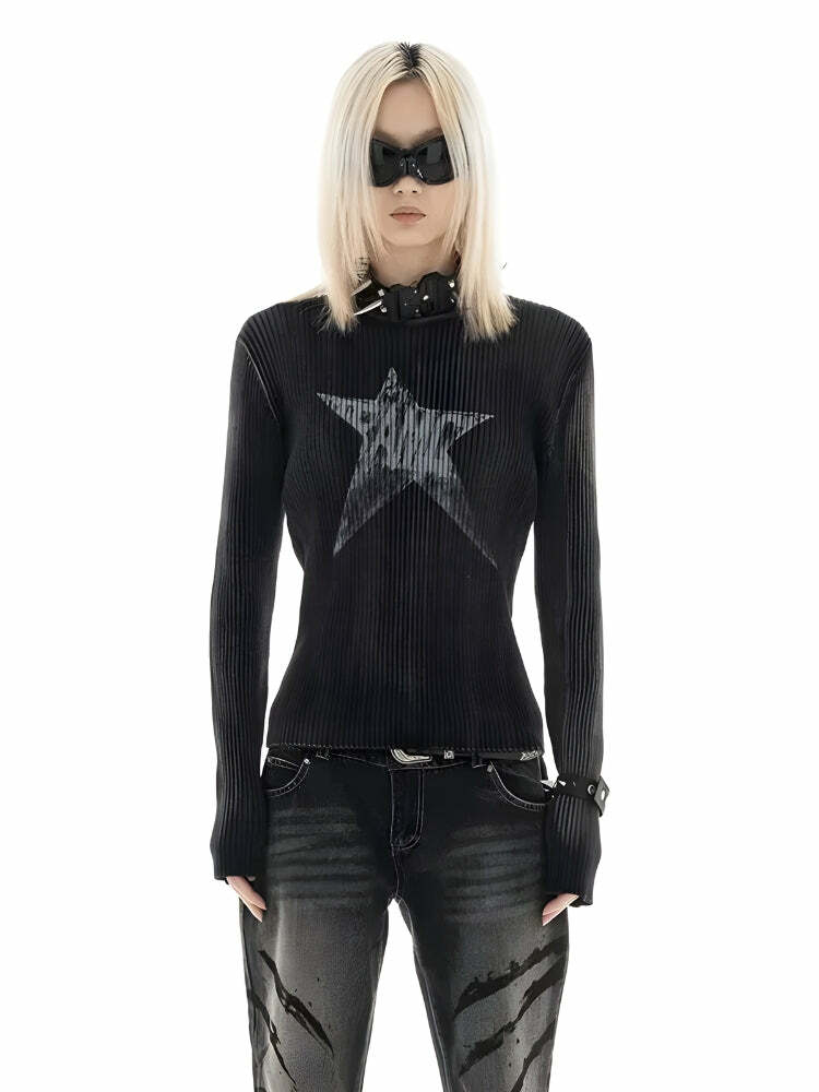 Y2K Star Long Sleeve Corduroy Sweater - Aesthetic Grunge Fashion Essential