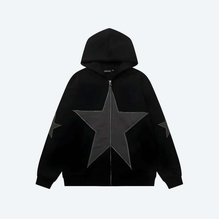 Y2K Star Patch Zip-Up Hoodie - Aesthetic Grunge Style for Trendy Looks