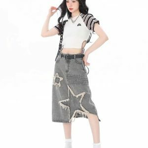 Y2K Star Patchwork Midi Skirt - Aesthetic Coquette Style for Trendy Looks