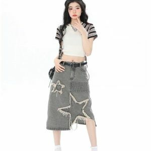 Y2K Star Patchwork Midi Skirt - Aesthetic Coquette Style for Trendy Looks