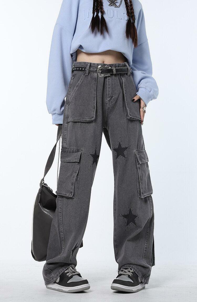 Y2K Star Print Cargo Pants - Trendy Aesthetic Grunge Style for Women