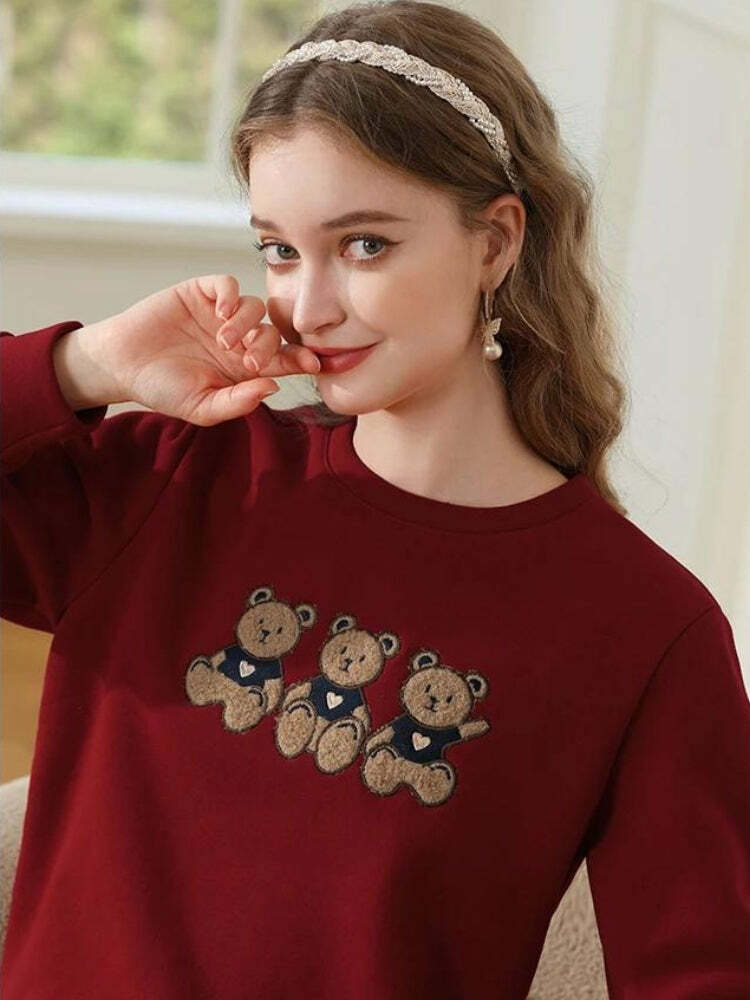 Y2K Teddy Bears Embroidered Sweatshirt - Aesthetic Coquette Style