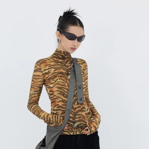 Y2K Tiger Mesh Top: Aesthetic Coquette Style for Trendy Outfits