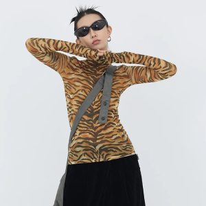 Y2K Tiger Mesh Top: Aesthetic Coquette Style for Trendy Outfits