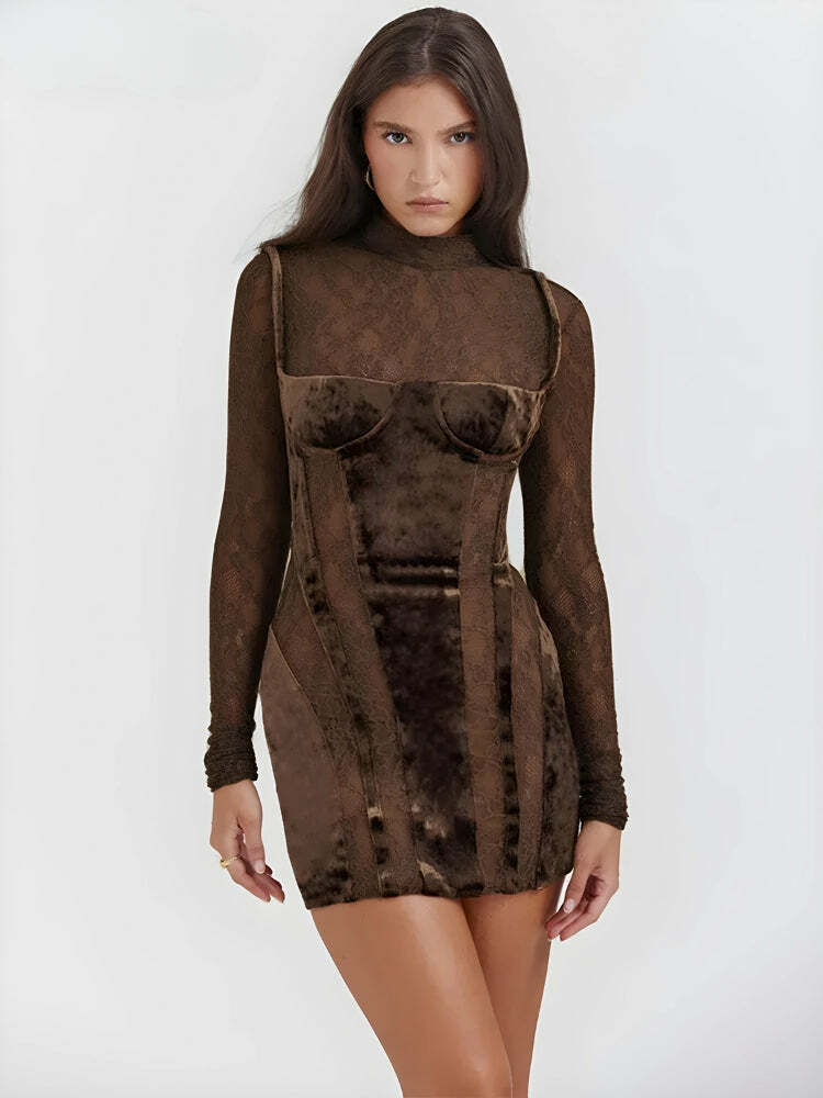 Y2K Velvet Mini Dress with Front Clasp Buckles & Aesthetic Coquette Style