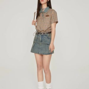 Y2K Vintage Plaid Crop Shirt with Aesthetic Coquette Style