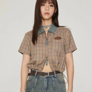 Y2K Vintage Plaid Crop Shirt with Aesthetic Coquette Style