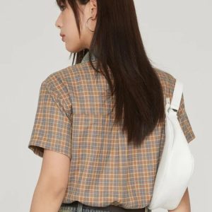 Y2K Vintage Plaid Crop Shirt with Aesthetic Coquette Style