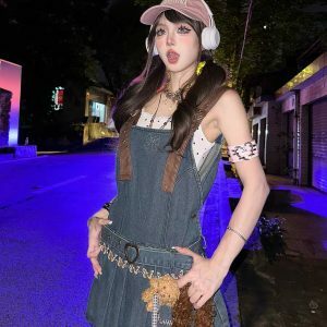 Chic Y2K Denim Overall Dress - Cute Pastel Goth Style with Grunge Aesthetic Vibes