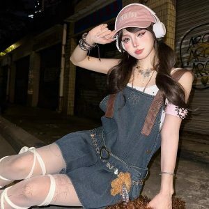 Chic Y2K Denim Overall Dress - Cute Pastel Goth Style with Grunge Aesthetic Vibes