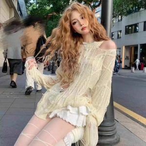 Rebellious Girl Y2K Fashion Hollow Knit Cover-Up - Grunge Aesthetic & Coquette Style