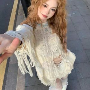 Rebellious Girl Y2K Fashion Hollow Knit Cover-Up - Grunge Aesthetic & Coquette Style
