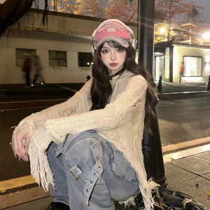 Rebellious Girl Y2K Fashion Hollow Knit Cover-Up - Grunge Aesthetic & Coquette Style