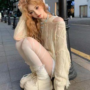 Rebellious Girl Y2K Fashion Hollow Knit Cover-Up - Grunge Aesthetic & Coquette Style