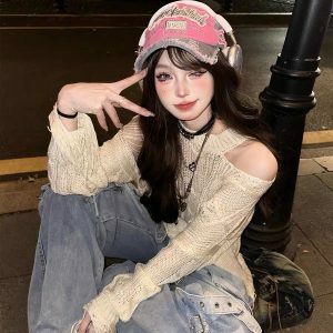 Rebellious Girl Y2K Fashion Hollow Knit Cover-Up - Grunge Aesthetic & Coquette Style