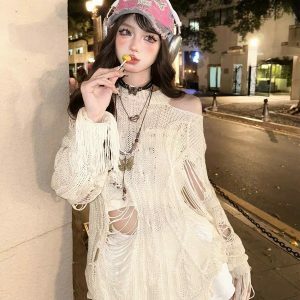 Rebellious Girl Y2K Fashion Hollow Knit Cover-Up - Grunge Aesthetic & Coquette Style