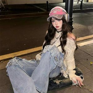 Rebellious Girl Y2K Fashion Hollow Knit Cover-Up - Grunge Aesthetic & Coquette Style