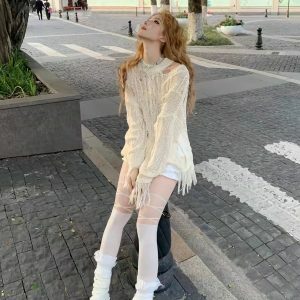 Rebellious Girl Y2K Fashion Hollow Knit Cover-Up - Grunge Aesthetic & Coquette Style