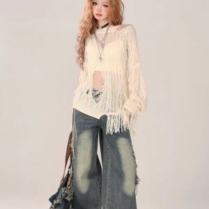 Rebellious Girl Y2K Fashion Hollow Knit Cover-Up - Grunge Aesthetic & Coquette Style