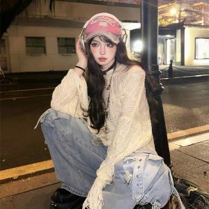 Rebellious Girl Y2K Fashion Hollow Knit Cover-Up - Grunge Aesthetic & Coquette Style