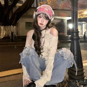 Rebellious Girl Y2K Fashion Hollow Knit Cover-Up - Grunge Aesthetic & Coquette Style