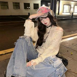 Rebellious Girl Y2K Fashion Hollow Knit Cover-Up - Grunge Aesthetic & Coquette Style