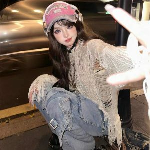 Rebellious Girl Y2K Fashion Hollow Knit Cover-Up - Grunge Aesthetic & Coquette Style