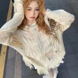 Rebellious Girl Y2K Fashion Hollow Knit Cover-Up - Grunge Aesthetic & Coquette Style