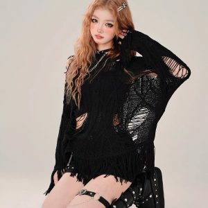 Rebellious Girl Y2K Fashion Hollow Knit Cover-Up - Grunge Aesthetic & Coquette Style