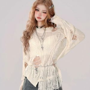 Rebellious Girl Y2K Fashion Hollow Knit Cover-Up - Grunge Aesthetic & Coquette Style