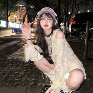 Rebellious Girl Y2K Fashion Hollow Knit Cover-Up - Grunge Aesthetic & Coquette Style