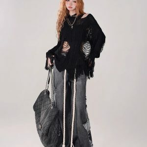 Rebellious Girl Y2K Fashion Hollow Knit Cover-Up - Grunge Aesthetic & Coquette Style