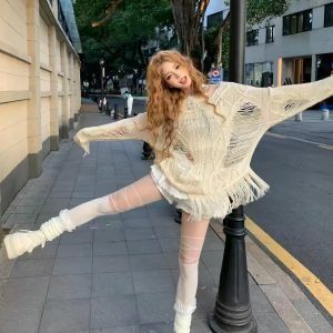 Rebellious Girl Y2K Fashion Hollow Knit Cover-Up - Grunge Aesthetic & Coquette Style